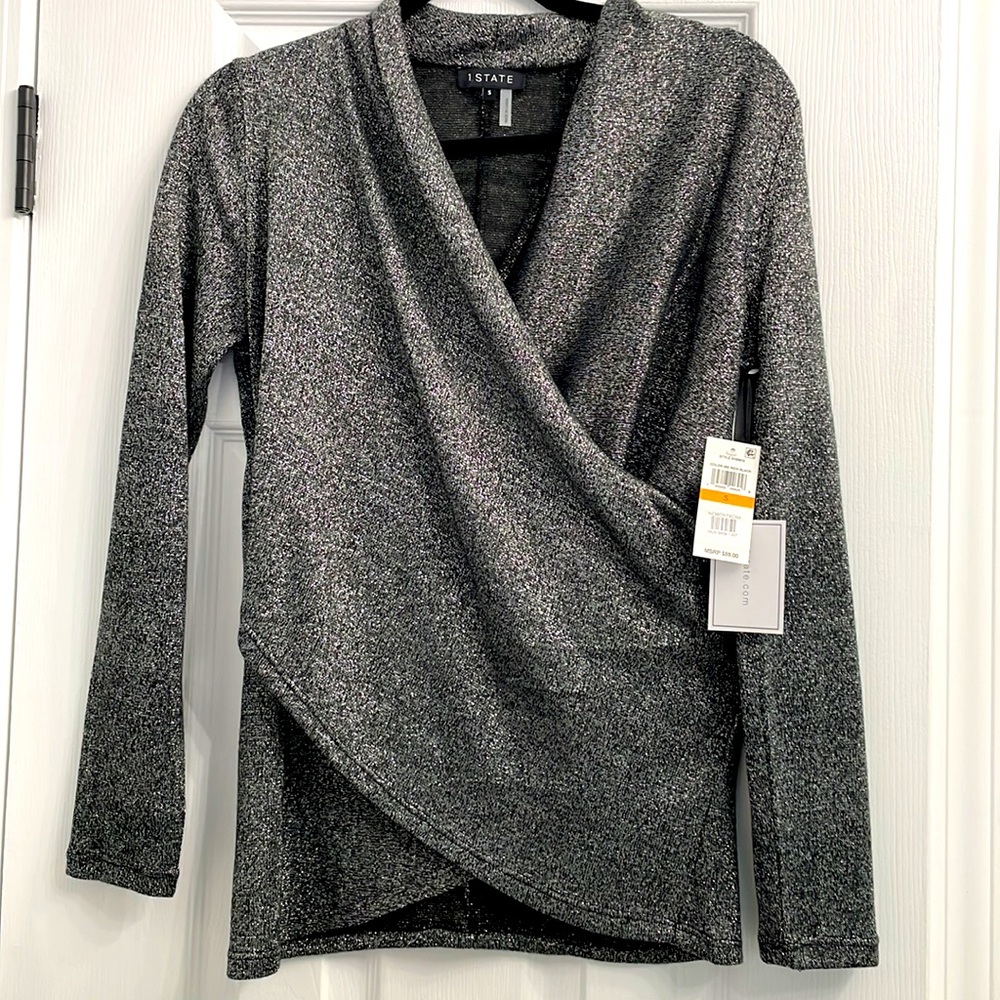 1 State Metallic Draped Cross Front Long Sleeve Top